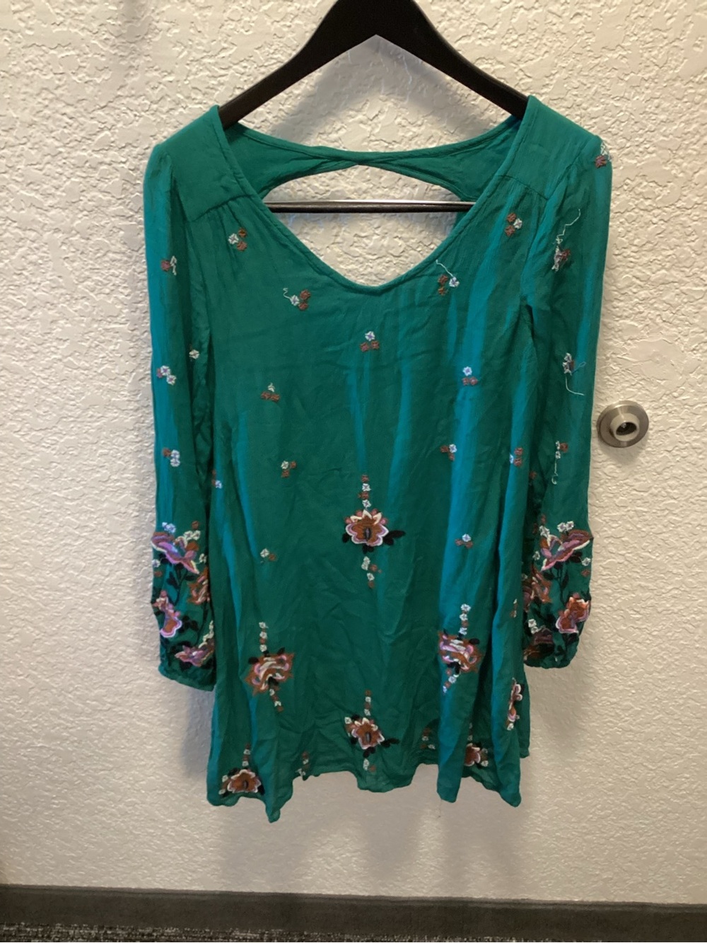 Free People Teal Green Embroidered Floral mini dress